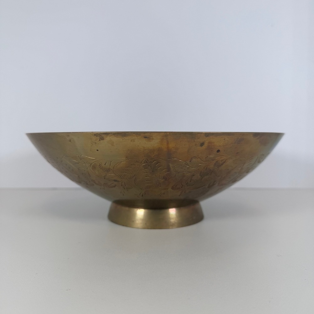 Brass Footed trinket / fruit Bowl with Etched Floral Design VTG bohemian‎ decor